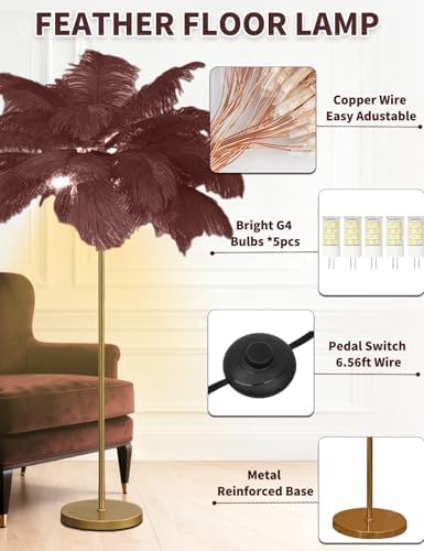 Feather Floor Lamp,Fluffy Ostrich Feather Floor Lamp for Bedroom,3 Color Temperatures Led Corner Modern Floor Lamps for Living Room Christmas Home Decor House Warming Gifts,63″ Height (Coffee) - Image 4
