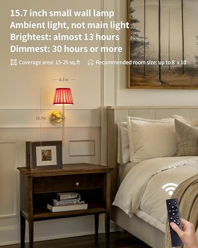 KDG Gold Cordless Wall Sconces Set of 2, Red Fabric LED Wall Lamps - Image 2