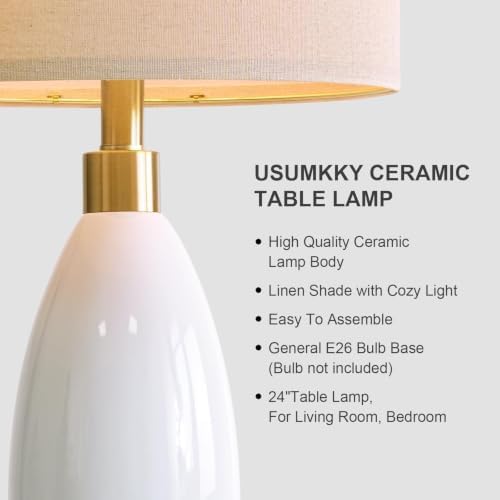 USumkky 24" White Oval Ceramic Table Lamp Set of 2, Modern Minimalist Bedside Nightstand Lamps for Bedroom Living Room, Linen Shade & Gold Metal Base, Rotary Switch E26 (Bulbs Excluded) - Image 2