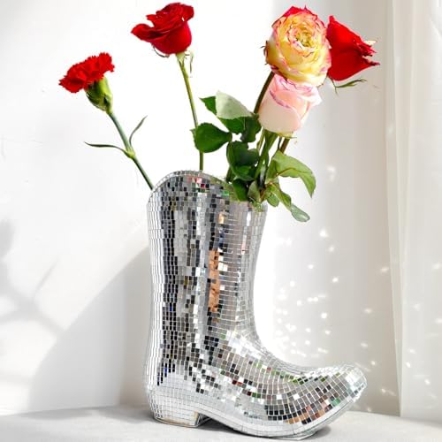 Disco Cowboy Boot Vase, 9.5in Ceramic Mirror Flower Vase by MFGDISCO