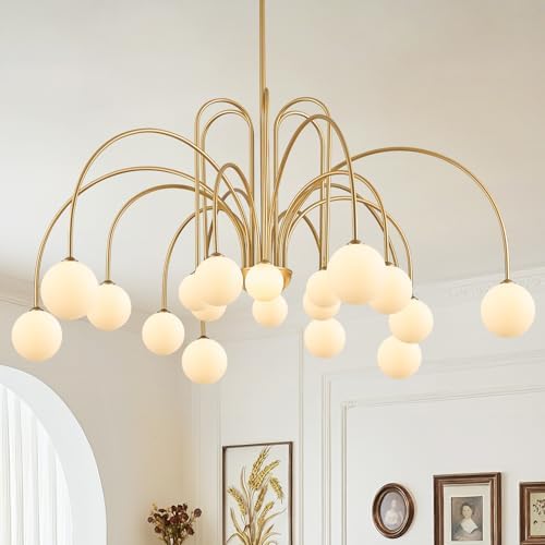 CATINER Modern 59" 18-Light Gold Sputnik Chandelier with Milk Glass Globe by CATINER