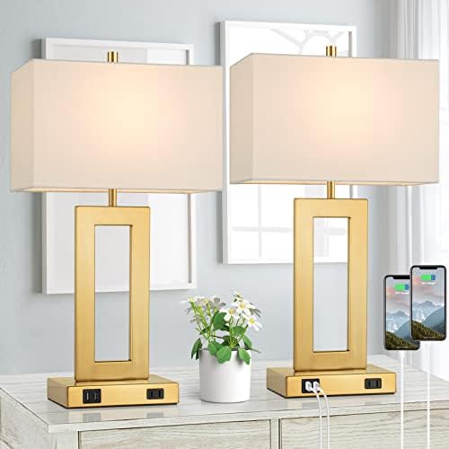 TOBUSA 22" Gold Modern Table Lamp Set of 2 with 2 USB Ports&AC Outlet by TOBUSA