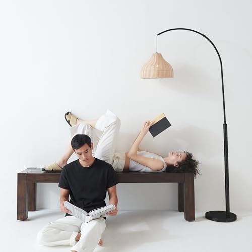 Brightech Lark Standing LED Floor Lamp for Bedroom, Living Room, Office - Modern Tall Corner Arc Lamp with Boho Hanging Rattan Shade - Bright Bedside Reading Light - Black - Image 2