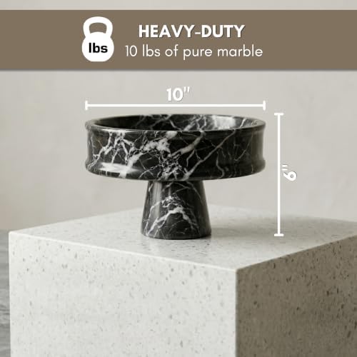 Marble Pedestal Bowl for Kitchen Counter, 10" Handcrafted Natural Stone Decorative Fruit Bowl, Catch-All Key Dish, Dining Table Centerpiece, Pedestal Bowl, & Housewarming Gift (Black Marble) - Image 4