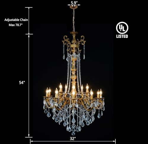 Gold Crystal Chandelier, Antique Gold Candle Chandelier High Ceiling H54" - Image 5