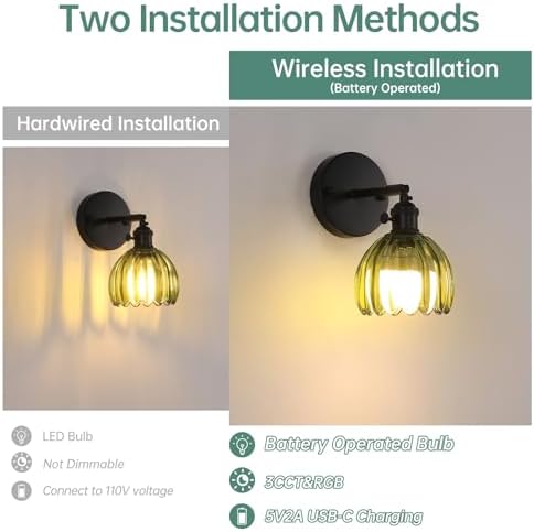 Shenmoyl Vintage Battery Operated Wall Sconce with Green Tulip Glass Lampshade Rechargeable Battery Powered Black Wall Light with Remote Control for Bedside Bedroom Doorway - Image 3