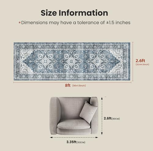 Amada 2'6" x 8' Washable Runner Rug for Hallway, Blue, Vintage Style - Image 2