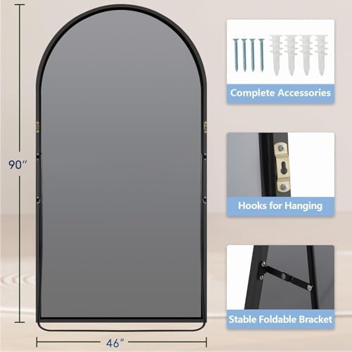 Dewfig Arched Full Length Mirror, 90"x46" Large Floor Mirror, Black - Image 5
