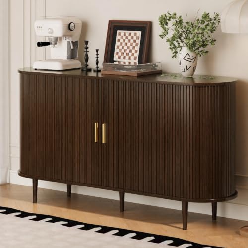 DHH Sideboard Buffet Cabinet with Storage,Mid Century Modern Fluted Accent Coffee Bar Console Table,Tambour Sliding Doors& Adjustable Shelf for Kitchen, Living Room, Entryway(Walnut,55 Inch) by DHHFurnitureBuyNow