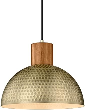 ELYONA Vintage Pendant Light Fixtures, 12” Brushed Brass Hammered Metal & Rubber Wood Industrial Dome Hanging Lamp, Antique Gold Kitchen Pendant Light for Island, Farmhouse, Sink, Dining Room, Hallway by ELYONA