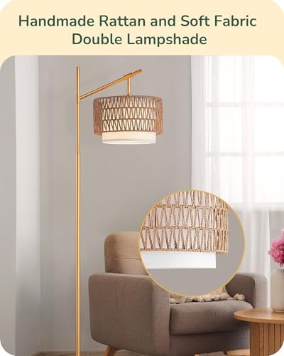 EDISHINE Rattan Arc Floor Lamp with Remote,Gold Farmhouse Standing Lamp - Image 4