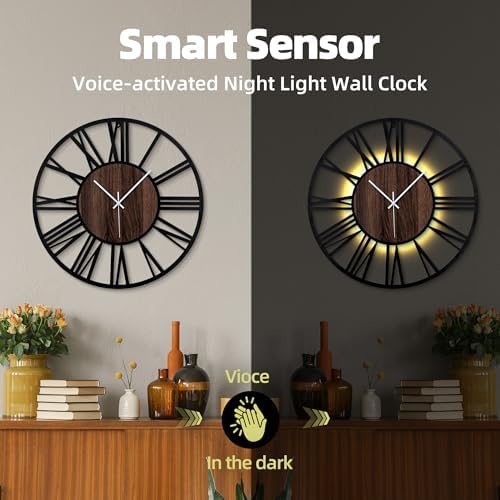 24 Inch Large Metal Wall Clock with Voice and Light Sensor Night Light, Glow in The Dark Non-Ticking Silent Battery Operated Decorative Oversized Wall Clock for Bedroom Living Room Decor - Image 3