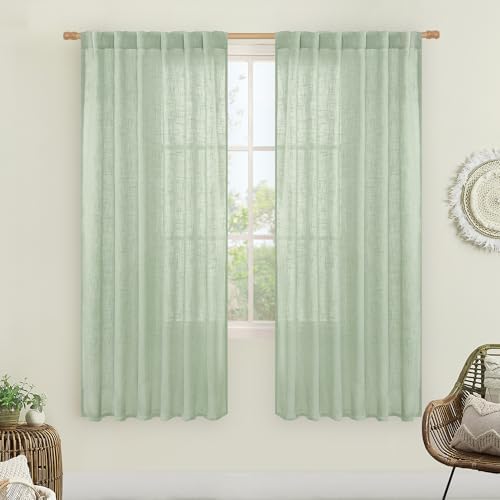 LAMIT Fresh Green Linen Boho Curtains 68 inch Length 2 Panels for Window by LAMIT
