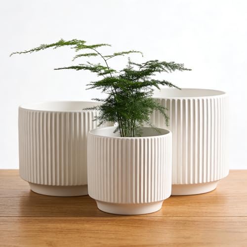 Oakrain Plant Pots Set of 3 with Vertical Stripes 7.8/6.5/5.2 inch, Modern Decorative Planters for Indoor Outdoor Plants, Garden Flower Pot with Drainage Holes, Ceramic White - Image 5