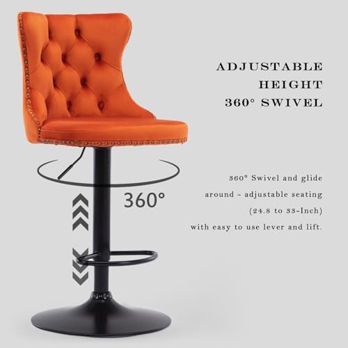 SoarFlash Velvet Bar Stool Set of 2, Adjustable Swivel Bar Stools with Black Metal Leg, Button Tufted, Footrest, Chrome Nailhead, Counter Height Chair for Kitchen, Bar, Dining Room (Orange) - Image 4