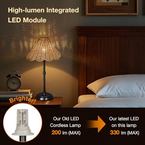 Cordless Boho Rattan Table Lamp Black, 5200-mAh Rechargeable Battery, 3-Level Brightness Dimmable, Build-in Integrated LED 320 Lumen Max, Rattan Shade, for Bedside Restaurant Dining Table - Image 6
