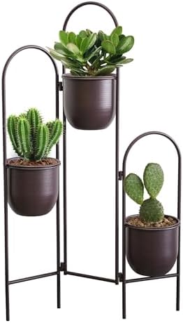 TRIROCKS 3 Tier Plant Stand with 3 Removable Metal Pots Indoor Outdoor Corner Plant Rack, 35" H Space Saving Flower Pot Holder for Living Room, Balcony, Patio & Garden(Brown) - Image 6