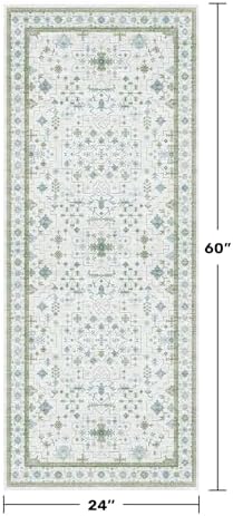 Hazo Haus Washable Oushak Bathroom Runner Rug 2x5 - Eclectic Boho Floral Pastel, Non Slip Low Pile Stain Resistant Small Throw Rug for Bedroom, Laundry Room, Powder Room, Cream Green - Image 2