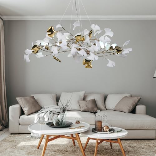 Modern Tree Branch Chandelier for Dining Room, L39inch Ginkgo Leaf Chandeliers Brass Rectangle Chandelier Large Luxury Hanging Lights Fixture for Living Room Kitchen Island, 5-Light by GREMLBUK