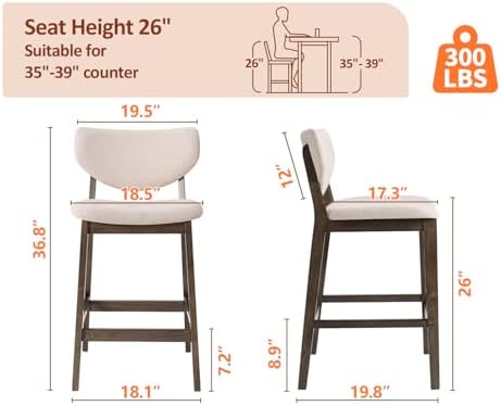 PrimeZone 26 Inch Kitchen Counter Height Barstools Set of 6, Walnut & Beige - Image 3
