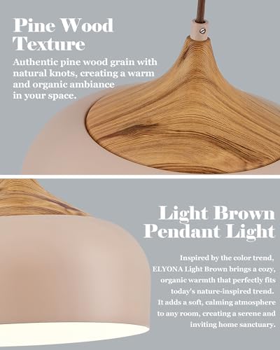ELYONA 12 Inch Modern Japandi Pendant Light for Kitchen Island Farmhouse Hanging Lamp with Faux Pine Wood Grain Metal Shade, Adjustable Wabi Sabi Ceiling Fixture for Dining Room Bedroom,Light Brown - Image 4