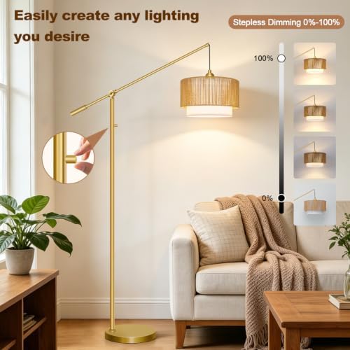 【Upgraded】Boho Dimmable Floor Lamps with Adjustable Swing Arm, 1100 Lumens Bulb Included, Modern Standing Lamp with Rattan & Fabric Shades, Farmhouse Tall Arc Floor Lamp for Living Room Bedroom, Gold - Image 3