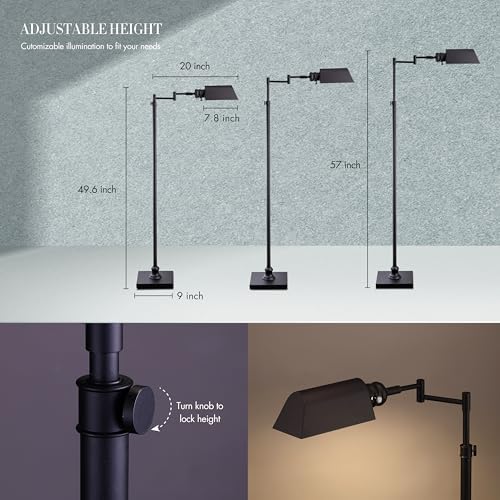 O’Bright Arcadia - Pharmacy Floor Lamp, Full Range Dimming, Swing Arm Task Lamp, E26 Socket, Bulb Replaceable, Adjustable Height 47” to 55”, 360° Rotatable Shade, All-Metal Design, Black - Image 4