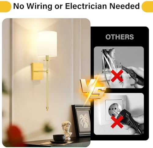 27 Inch Wall Sconces Battery Operated Set of 2, Rechargeable Wireless Wall Sconces Lights with Remote, Not Hardwired Dimmable Gold Wall Lamps with White Fabric Shade for Bedroom, 2 Bulbs Included - Image 3