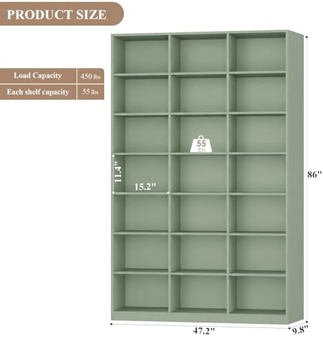 HOSTACK 86" H Triple Wide Bookshelf and Bookcase, 7 Tier Tall Bookshelf with Storage, Large Bookcase with 21 Open Display Storage Shelves, Wood Book Shelf Media CD DVD Storage for Living Room, Green - Image 3