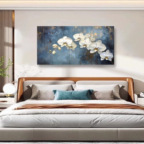 Abstract White Butterfly Orchid Canvas Wall Art for Living room Office Bedroom Flowers Wall Art Print Oil Paintings Modern Blue Gold Rain Mist Pictures Wall Decor Artwork Ready to Hang - 28in * 57inch - Image 5