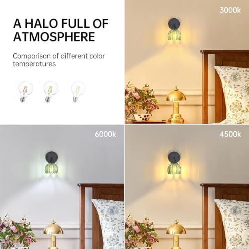 Shenmoyl Vintage Wall Sconce with Green Tulip Glass Lampshade 180 Degree Adjustable Black Sconce Hradwired Modern Wall Lighting Fixture with Switch for Bedside Bedroom Doorway - Image 5