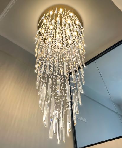 D40'' x H120'' Crystal Chandelier High Ceiling Chandeliers for Entryway Large Raindrop Chandeliers LED Dimmable Flush Mount Light Fixtures for Staircaes Foyer Hallway Living Room Bulbs Included Gold - Image 5