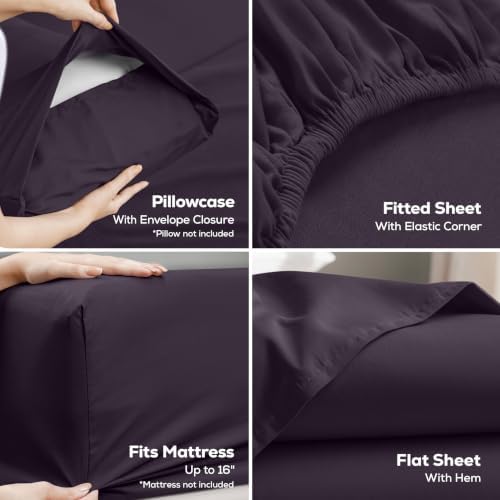 Queen Sheets Set, 4 Pieces 16" Deep Pocket Hotel Luxury Sheets, Dark Purple - Image 3