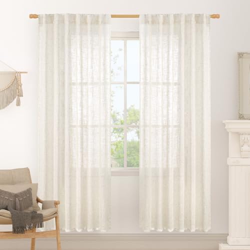 LAMIT Cream Linen Boho Sheer Curtains 80 inch Length for Bedroom, 2 Panels by LAMIT