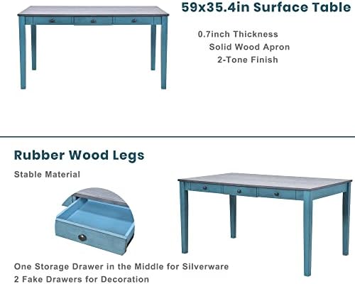 Compact 6-Piece Dining Table Set, Solid Wood Kitchen Dining Room Table Set with 4 Padded Ergonomic Chairs & Bench, 60'' Rectangular Table with Storage Drawer, Space-saving Design (Antique Blue-P) - Image 5