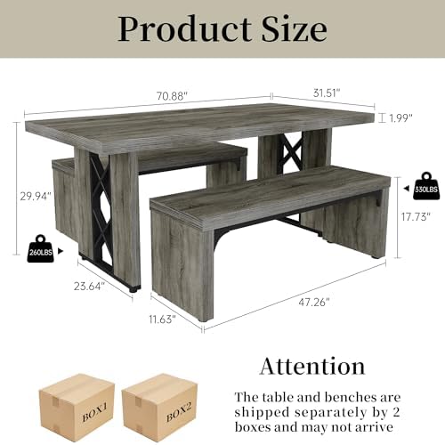 HIPIHOM 3-Piece Dining Table Set for 6 People, Grey Table with 2 Benches - Image 2