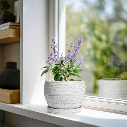 SQOWL Ceramic Planters for Indoor Plants - 6 Inch Plant Pot with Drainage Hole and Saucer, Small Ceramic Flower Pot, Round Decorative Planter Outdoor, Living Room Decor, Garden Gifts for Women, Gray - Image 2