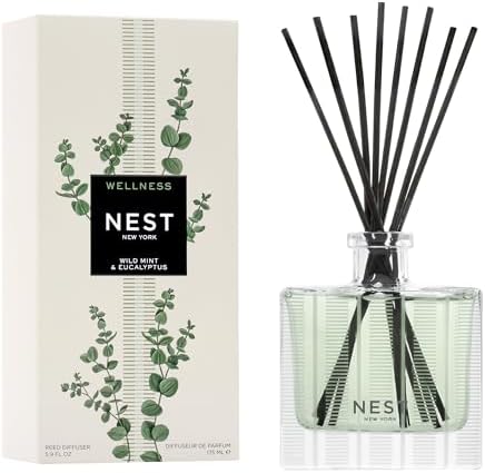 NEST New York Reed Diffuser, Wild Mint & Eucalyptus - 5.9 fl oz - Fragrance for Up to 90 Days - Reusable, Refillable Glass Holder - Includes 8 All-Natural Reed Sticks - Flame Free by Unknown