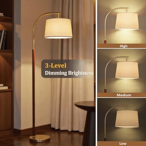 65” Walnut Gold Arc Floor Lamp for Living Room, 1200 Lumens 3-Level Brightness Mid Century Modern Floor Lamp for Bedroom, Wood Vintage Gold Standing Lamp, Adjustable Lampshade, LED Bulb Included - Image 4