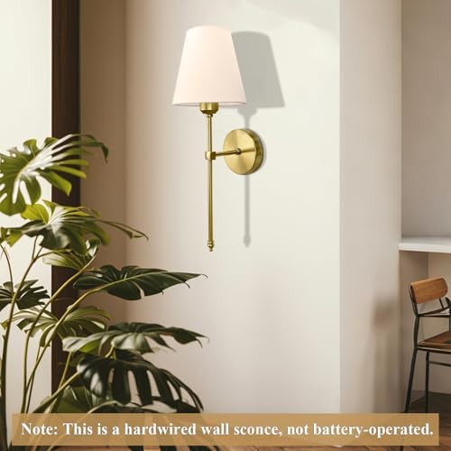 Bsmathom Wall Sconces Sets of 2, Hardwired Classic Brushed Brass Sconces Wall Lighting, Bathroom Vanity Light Fixture with Fabric Shade for Bedroom Living Room Hallway Kitchen, Bright Gold - Image 7