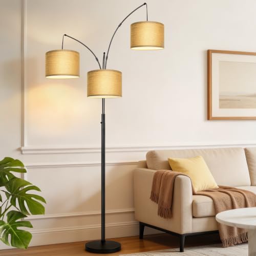 Nintiue Dimmable Floor Lamp - 3 Lights Gold Arc Floor Lamps for Living Room, 1000LM Modern Tall Standing Lamp with Black Shades&Heavy Base,3 LED Bulbs Included-Champagne by Nintiue