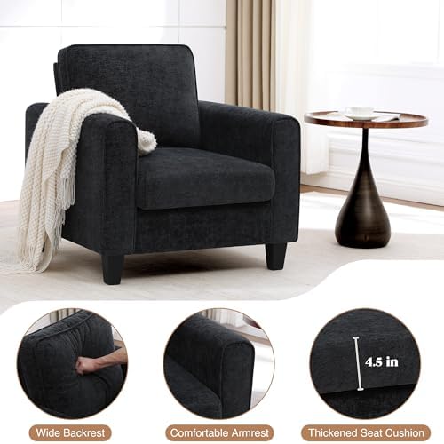 Accent Chair for Living Room, Mid Century Modern Upholstered Living Room Chair, Chenille Reading Armchair for Apartment, Waiting Room, Office, Black - Image 4