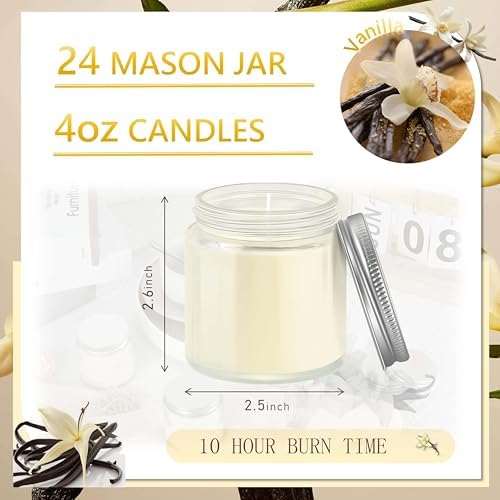 24 Pcs 4 Oz Mason Jar Candles, Vanilla Scented Soy Candles Bulk Set for Stress Relief and Relaxation, Great Favors for Wedding, Christmas, Housewarming Gifts (Silver, Vanilla, 24) - Image 2