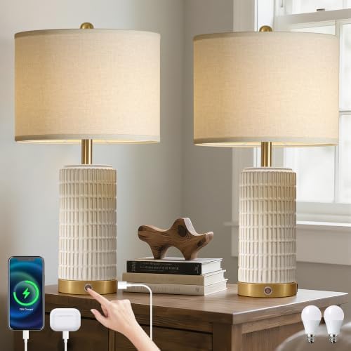 25" Ceramic Touch Table Lamp Set of 2 for bedroom and Living Room White by Beanliss