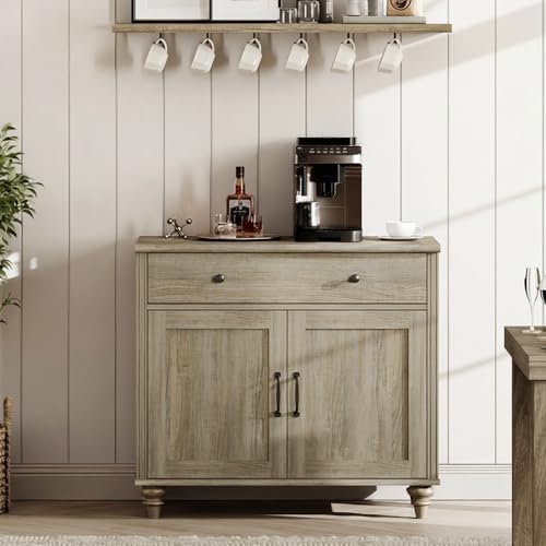 WAMPAT Farmhouse Buffet Cabinet with Doors & Drawer, Wash Grey, 34 inch - Image 5