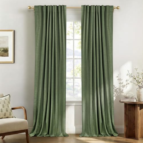 Faux Linen Total Blackout Curtains for Bedroom 96 Inches Long, Olive Green by 100BlackoutShield