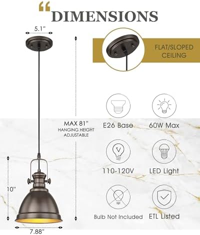 Oil Rubbed Bronze Pendant Light for Kitchen Island, 8" Metal Shade - Image 2
