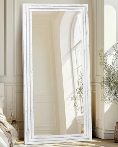 76x34in Full Length Mirror, 3-Tier Stepped Solid Wood Frame, White - Image 2