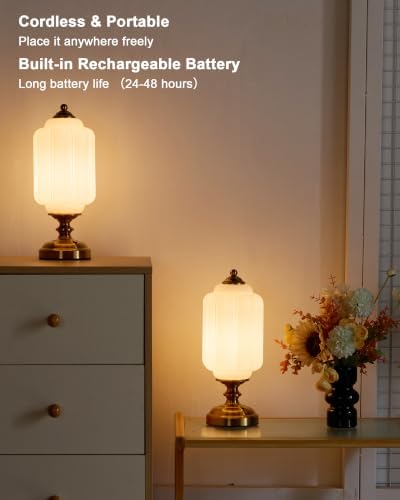 UMEXUS Vintage Cordless Rechargeable Table Lamp, Antique Brass, White Glass - Image 2