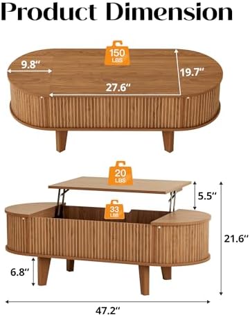 Fluted Oval Lift Top Coffee Table with Storage, 47" Wood Mid Century Modern Coffee Table for Living Room, Walnut - Image 3